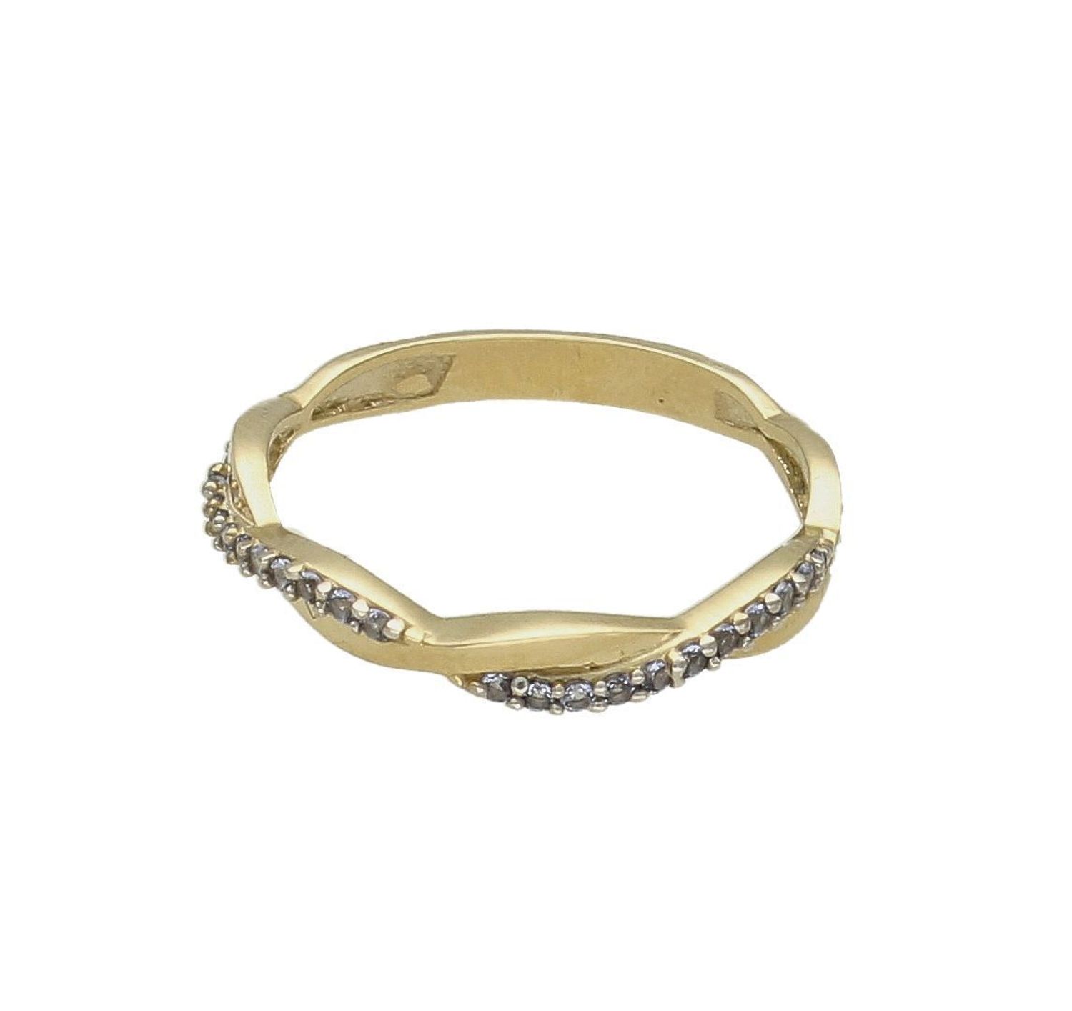 Złoty pierścionek 333 z niebieską cyrkonią PI 6056F 333 Elegancki pierścionek o nietypowej formie. Pierścionek wysadzany drobnymi cyrkoniami w kolorze niebieskim.  Pierścionek z wysokiej jakości 8-karatowego żółtego złota (1).jpg